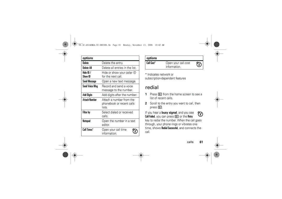 Motorola 6802928J21 user manual Redial 