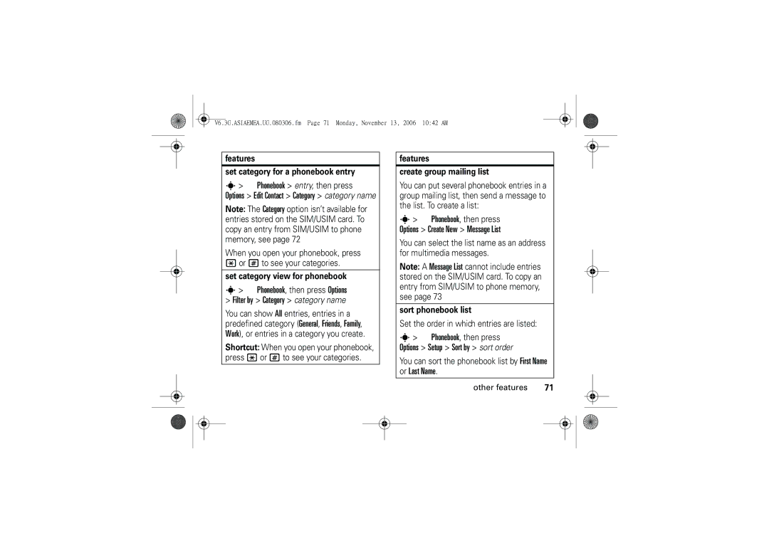 Motorola 6802928J21 Features Set category for a phonebook entry, Set category view for phonebook, Sort phonebook list 