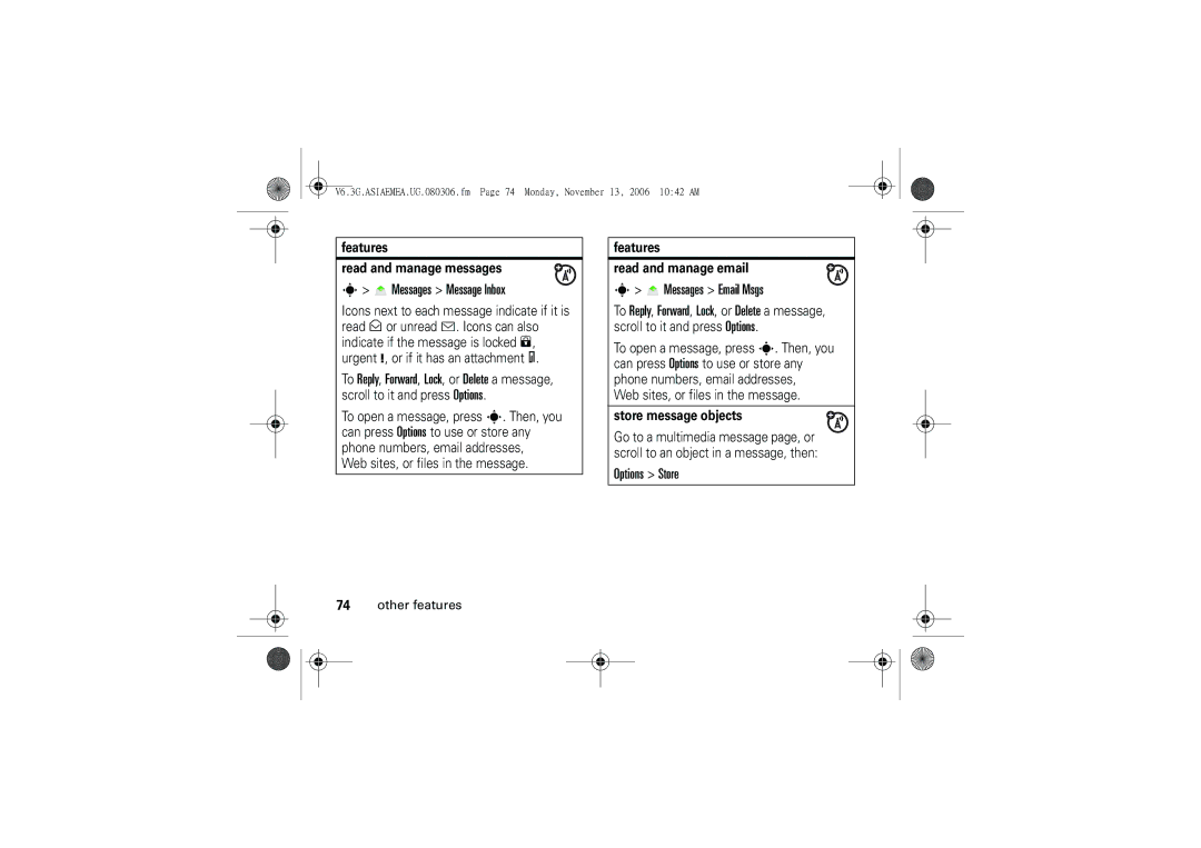 Motorola 6802928J21 user manual Messages Message Inbox, Messages Email Msgs, Options Store 