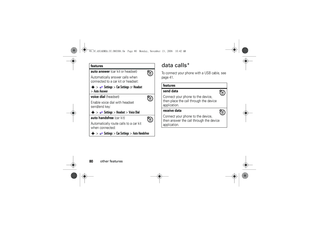 Motorola 6802928J21 user manual Data calls, Settings Car Settings or Headset Auto Answer, Settings Headset Voice Dial 