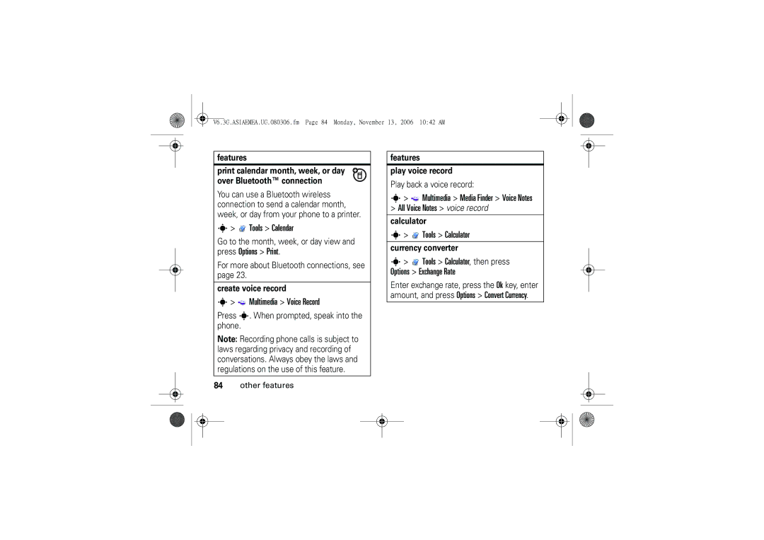 Motorola 6802928J21 user manual Tools Calendar, Multimedia Voice Record, Tools Calculator 