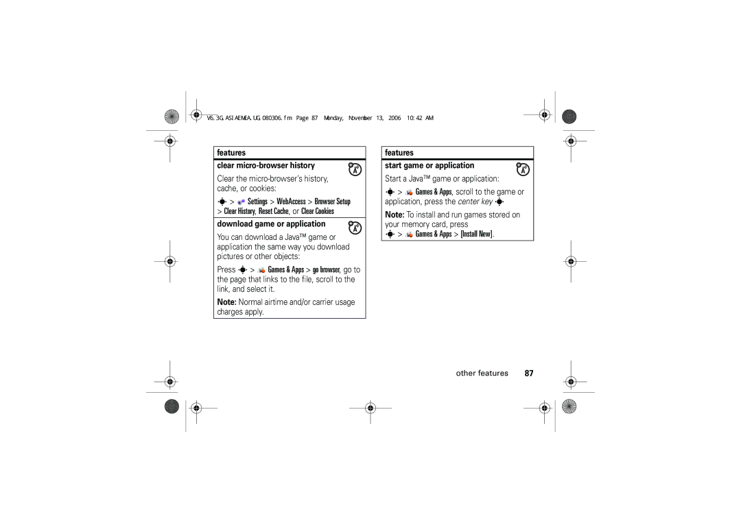 Motorola 6802928J21 Games & Apps Install New, Settings WebAccess Browser Setup, Features Clear micro-browser history 