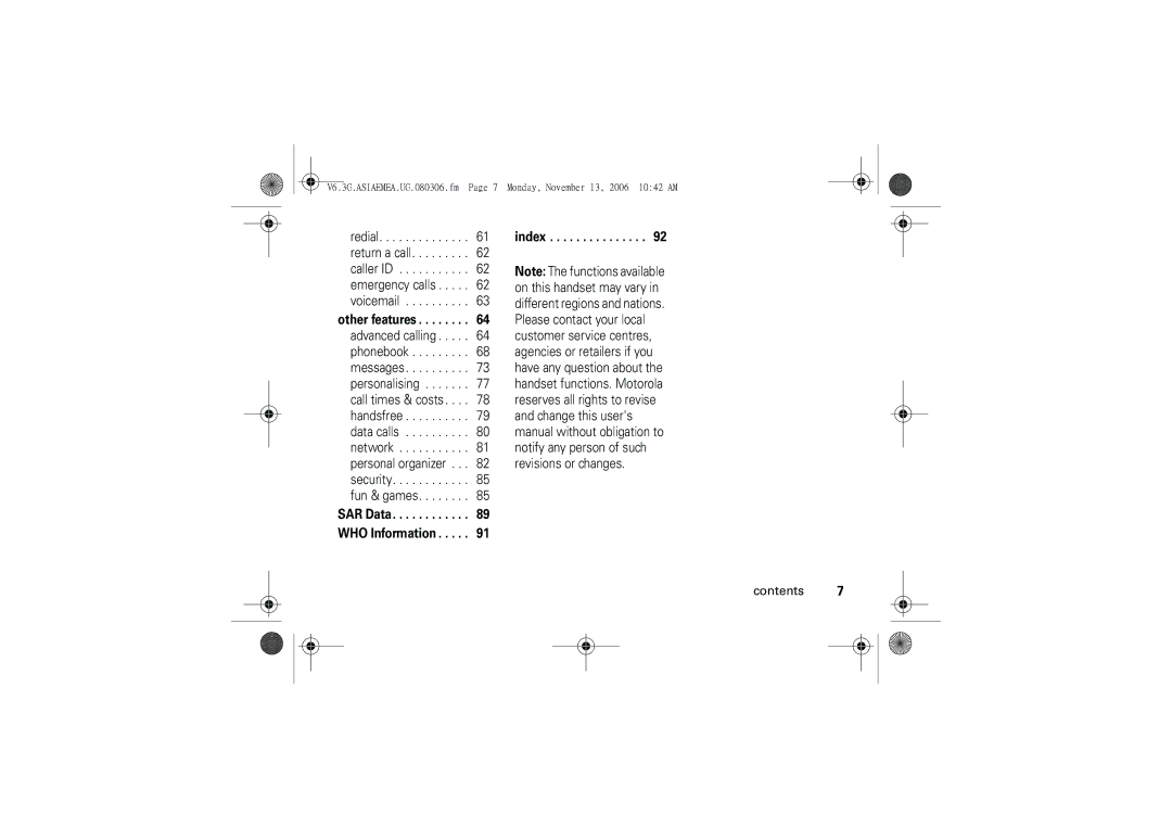 Motorola 6802928J21 user manual Other features, SAR Data WHO Information Index 