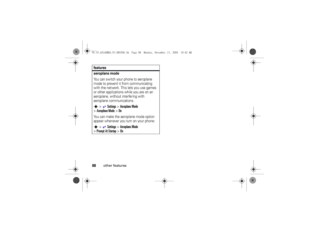 Motorola 6802928J21 user manual Settings Aeroplane Mode Aeroplane Mode On, Settings Aeroplane Mode Prompt At Startup On 