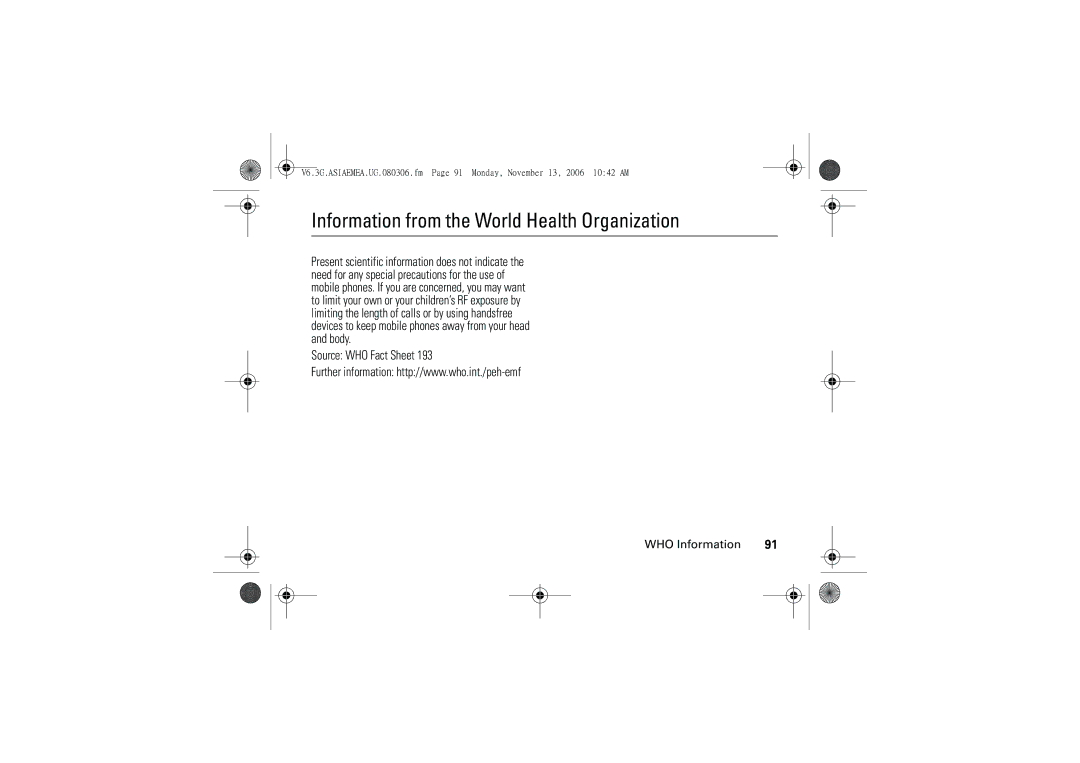 Motorola 6802928J21 user manual Information from the World Health Organization, Source WHO Fact Sheet WHO Information 