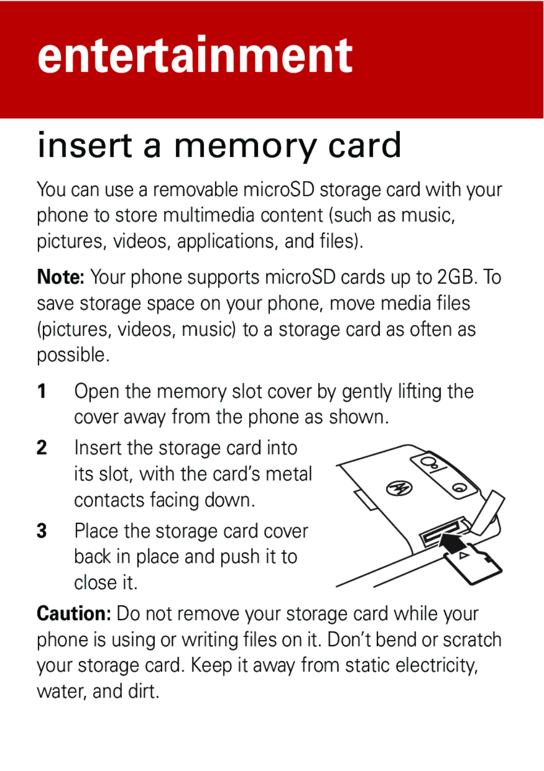 Motorola 6802935J48 quick start Insert a memory card 