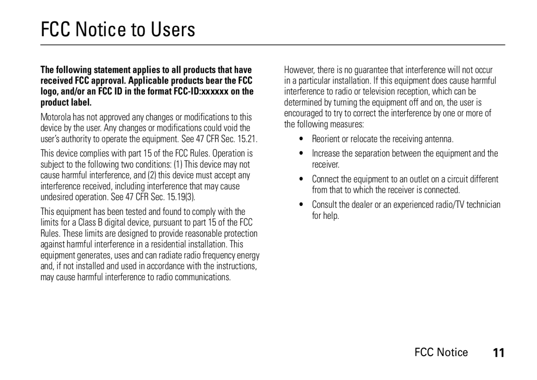 Motorola 6802937J48 manual FCC Notice to Users 