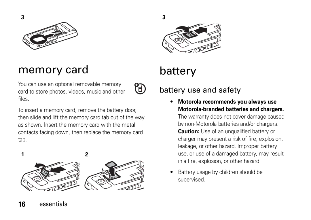 Motorola 6802937J48 manual Memory card, Battery use and safety, Battery usage by children should be supervised 