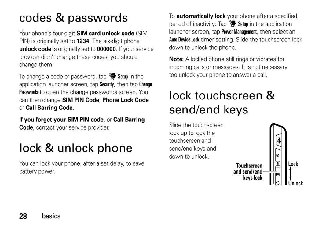 Motorola 6802937J48 manual Codes & passwords, Lock & unlock phone, Lock touchscreen & send/end keys 