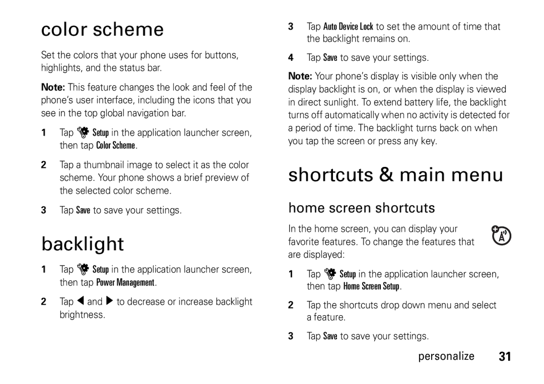 Motorola 6802937J48 manual Color scheme, Backlight, Shortcuts & main menu, Home screen shortcuts 