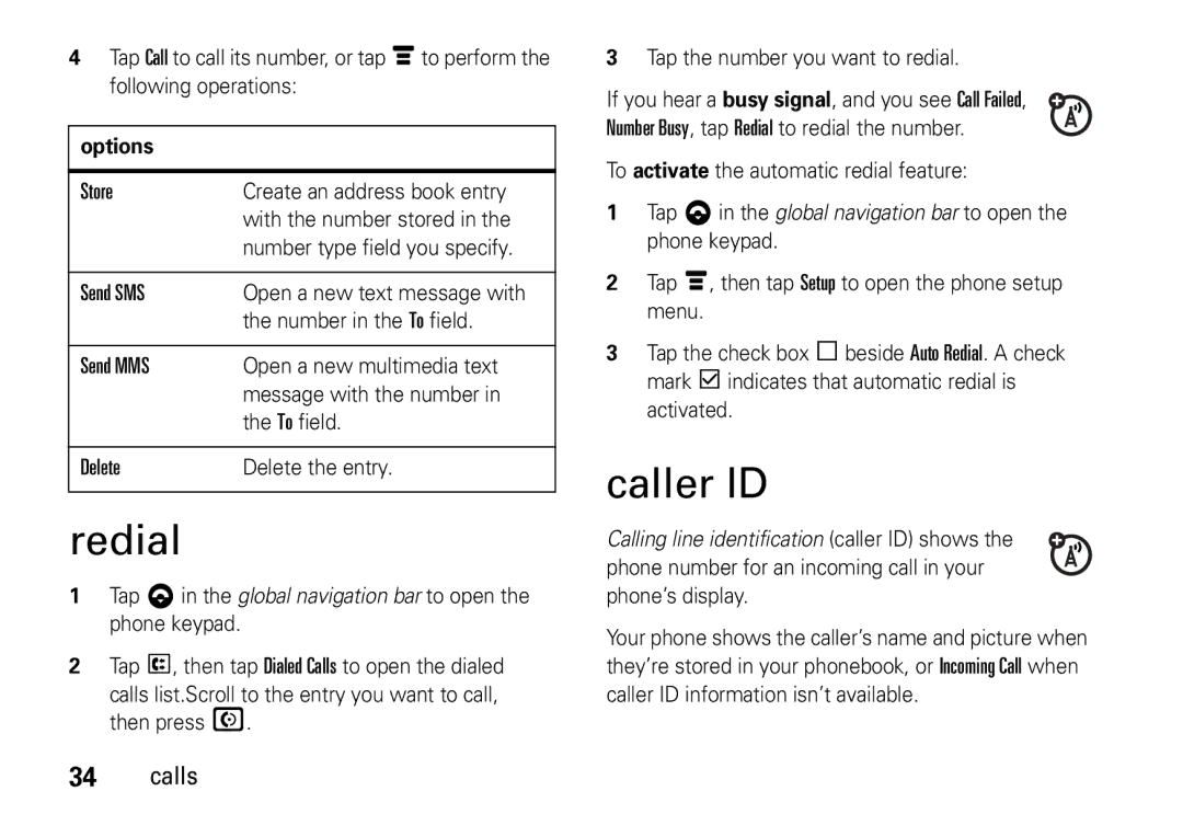 Motorola 6802937J48 manual Redial, Caller ID, Options, Number in the To field, To activate the automatic redial feature 