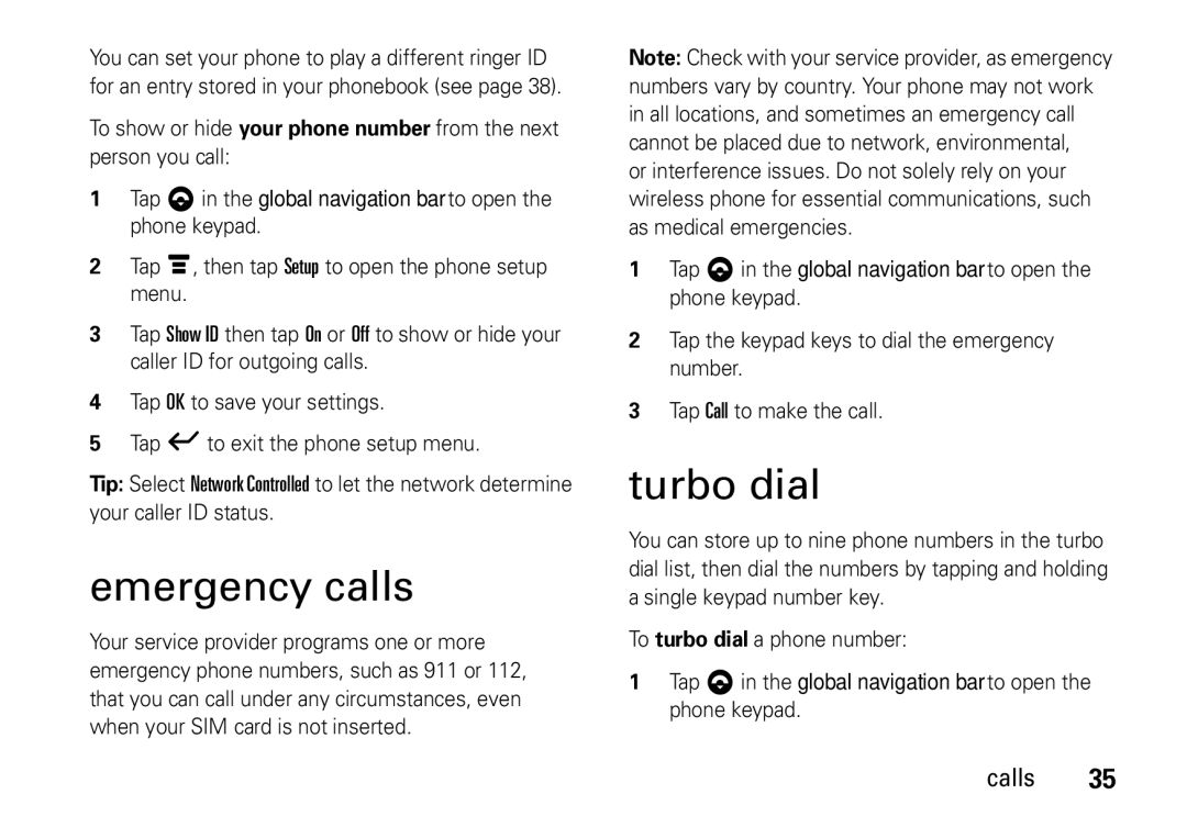 Motorola 6802937J48 manual Emergency calls, Turbo dial 