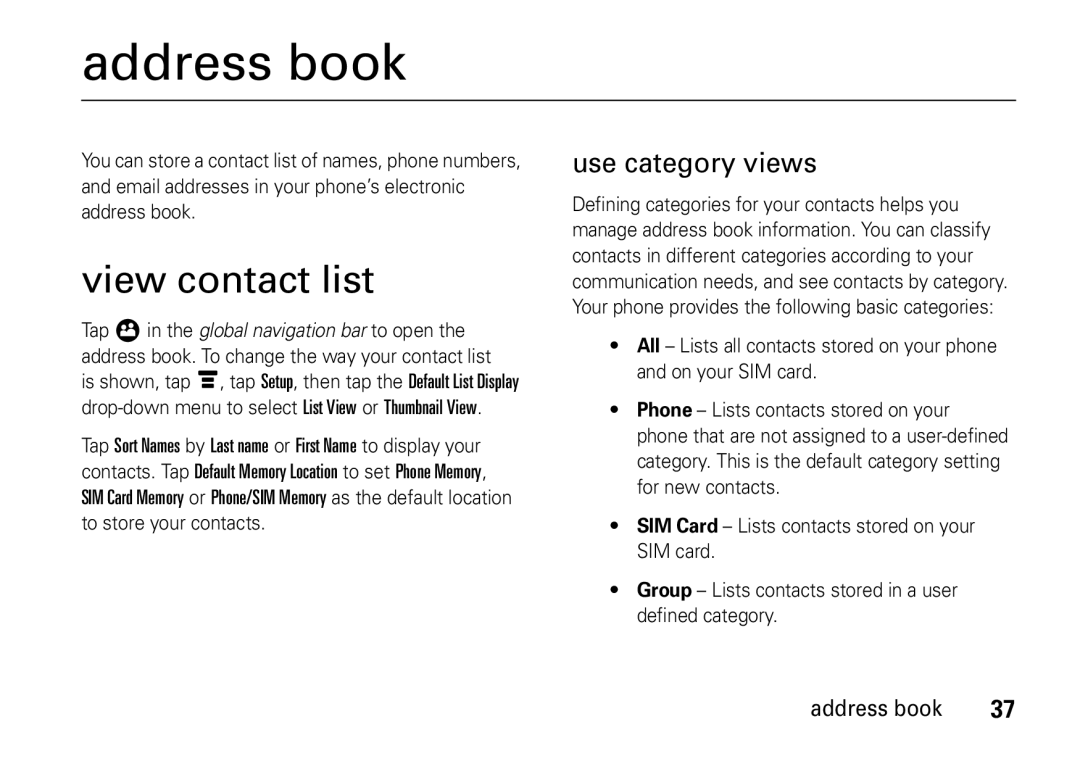 Motorola 6802937J48 manual Address book, View contact list, Use category views 