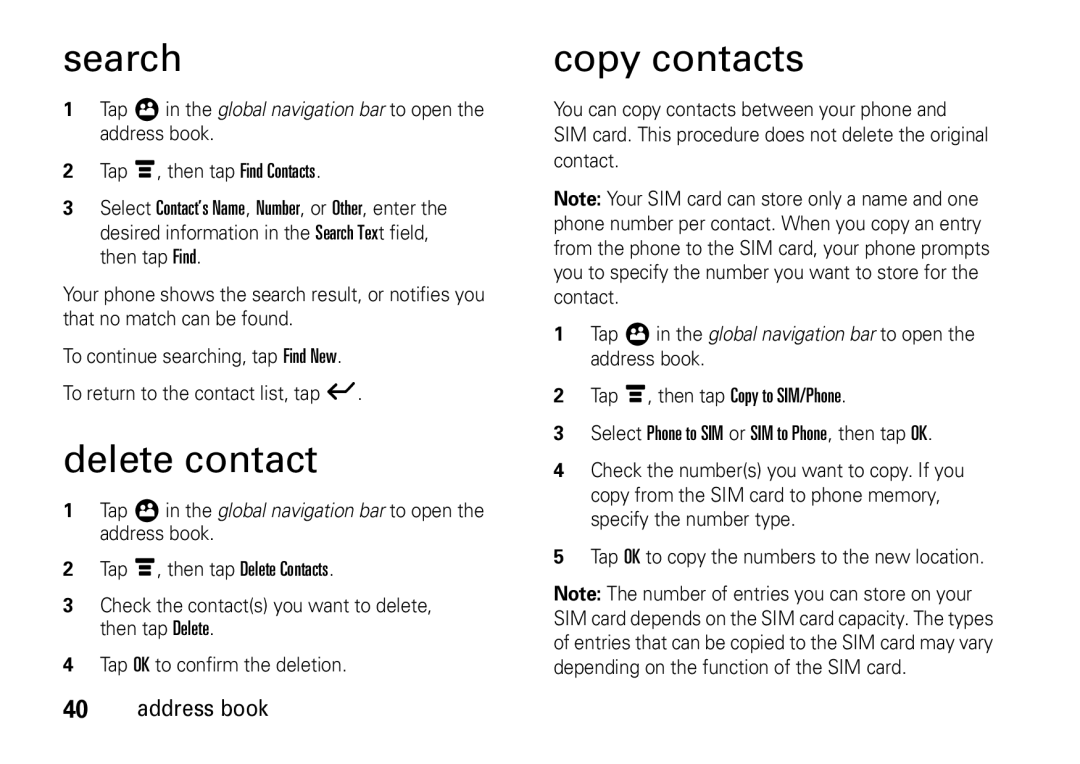 Motorola 6802937J48 manual Search, Delete contact, Copy contacts 