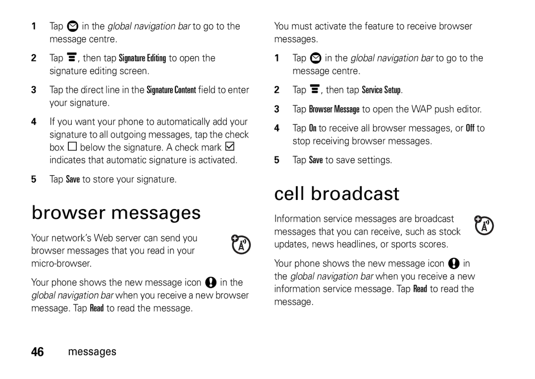 Motorola 6802937J48 manual Browser messages, Cell broadcast 