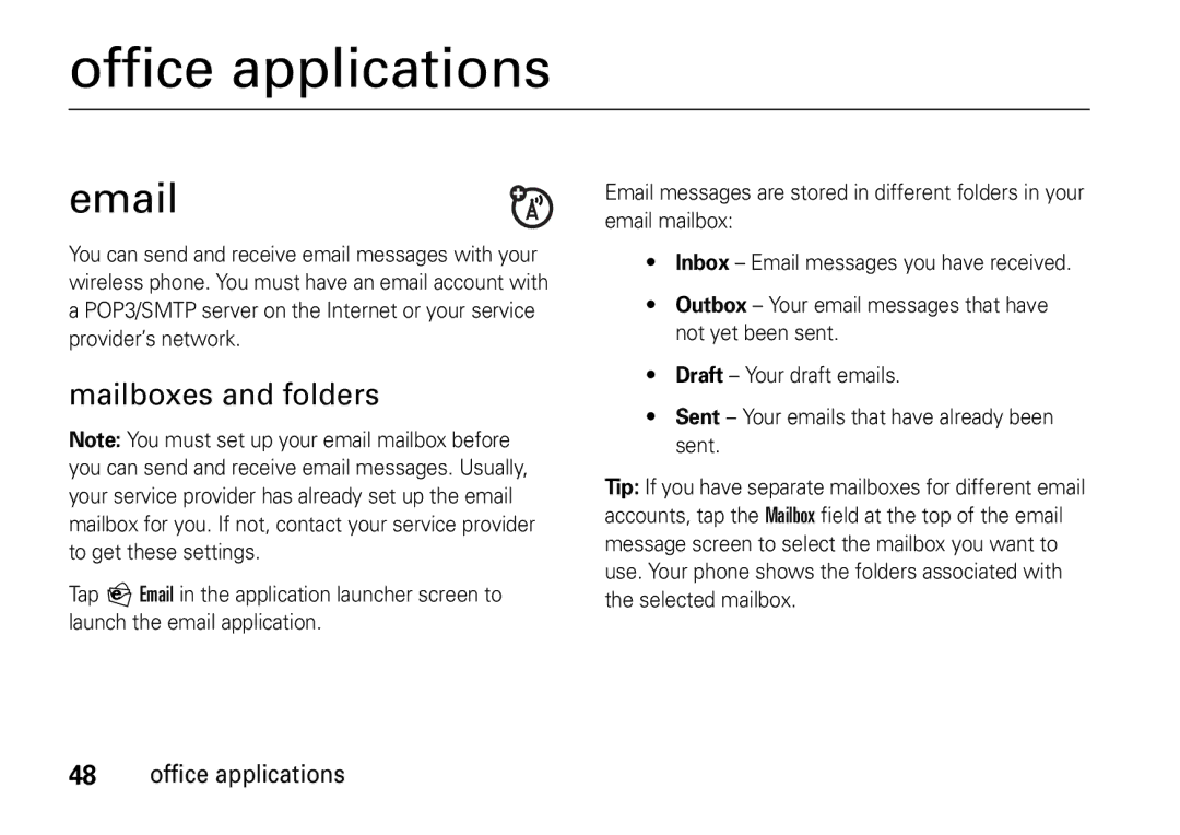 Motorola 6802937J48 manual Office applications, Mailboxes and folders 