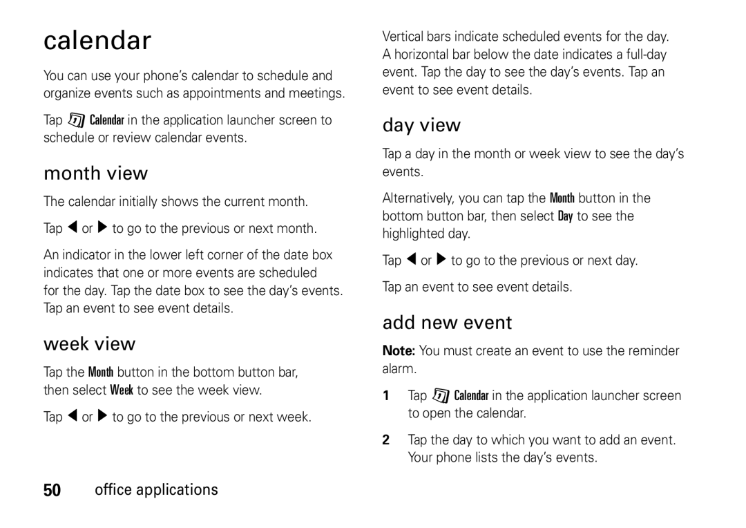 Motorola 6802937J48 manual Calendar, Month view, Week view, Day view, Add new event 