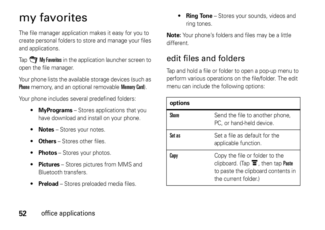 Motorola 6802937J48 My favorites, Edit files and folders, Your phone includes several predefined folders, Current folder 