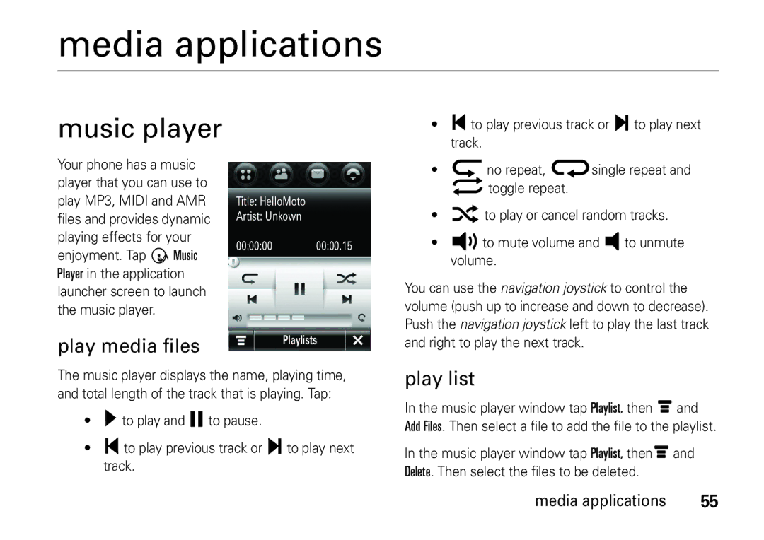 Motorola 6802937J48 manual Media applications, Music player, Play media files, Play list 