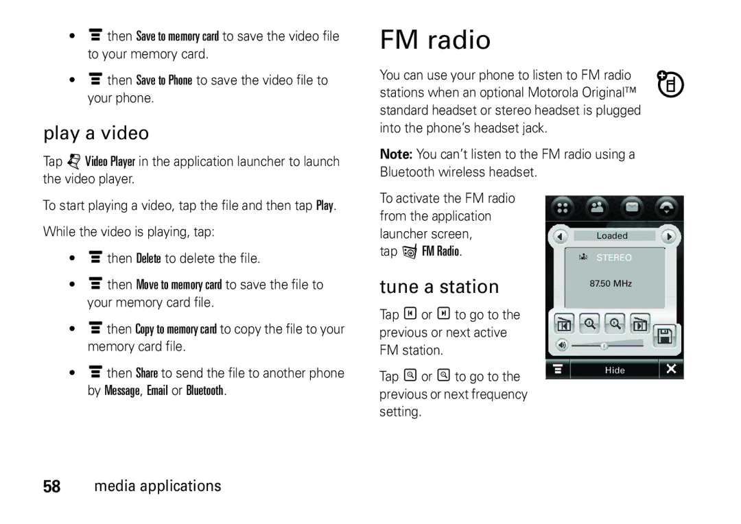 Motorola 6802937J48 manual FM radio, Play a video, Tune a station, Tap f FM Radio, Previous or next frequency Setting 