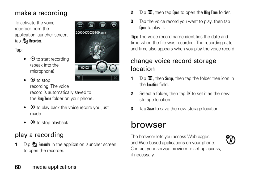 Motorola 6802937J48 manual Browser, Make a recording, Play a recording, Change voice record storage location 