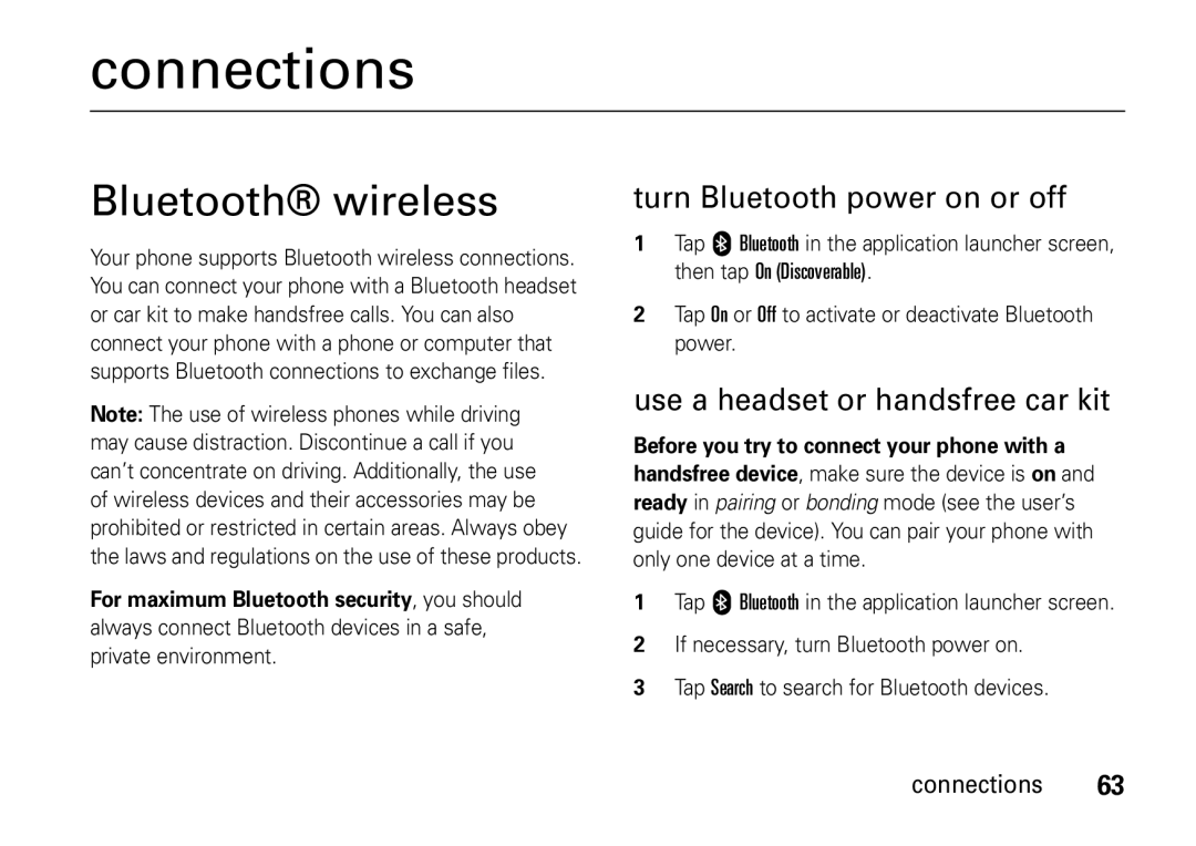 Motorola 6802937J48 Connections, Bluetooth wireless, Turn Bluetooth power on or off, Use a headset or handsfree car kit 