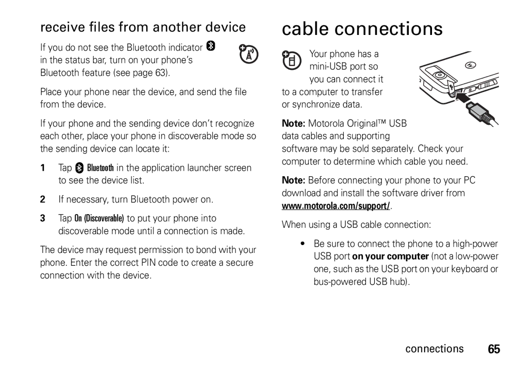 Motorola 6802937J48 manual Cable connections, Receive files from another device, When using a USB cable connection 