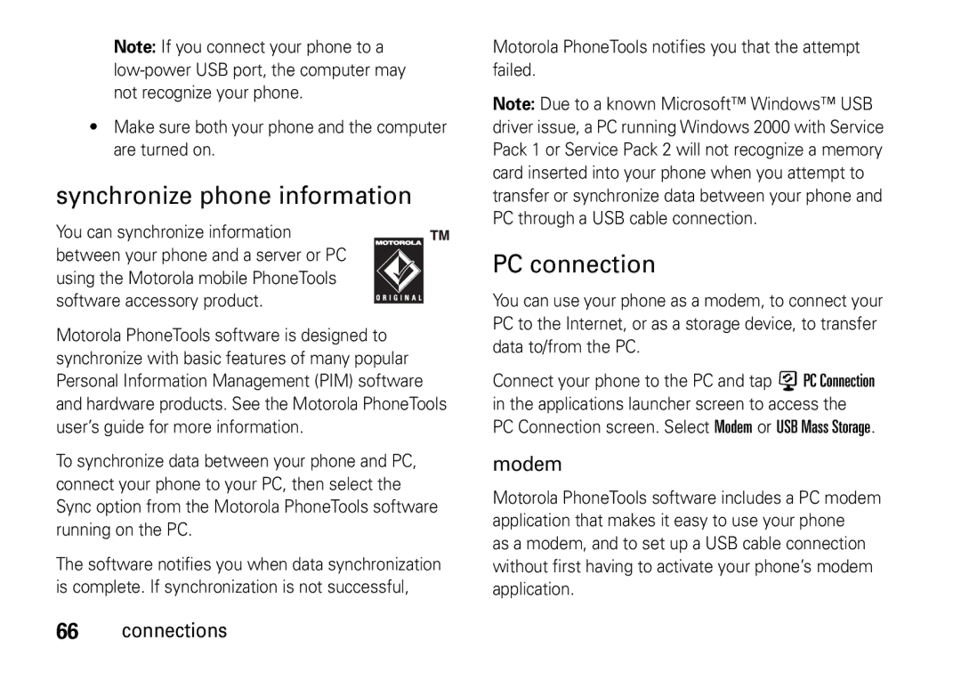 Motorola 6802937J48 manual Synchronize phone information, PC connection, Modem 