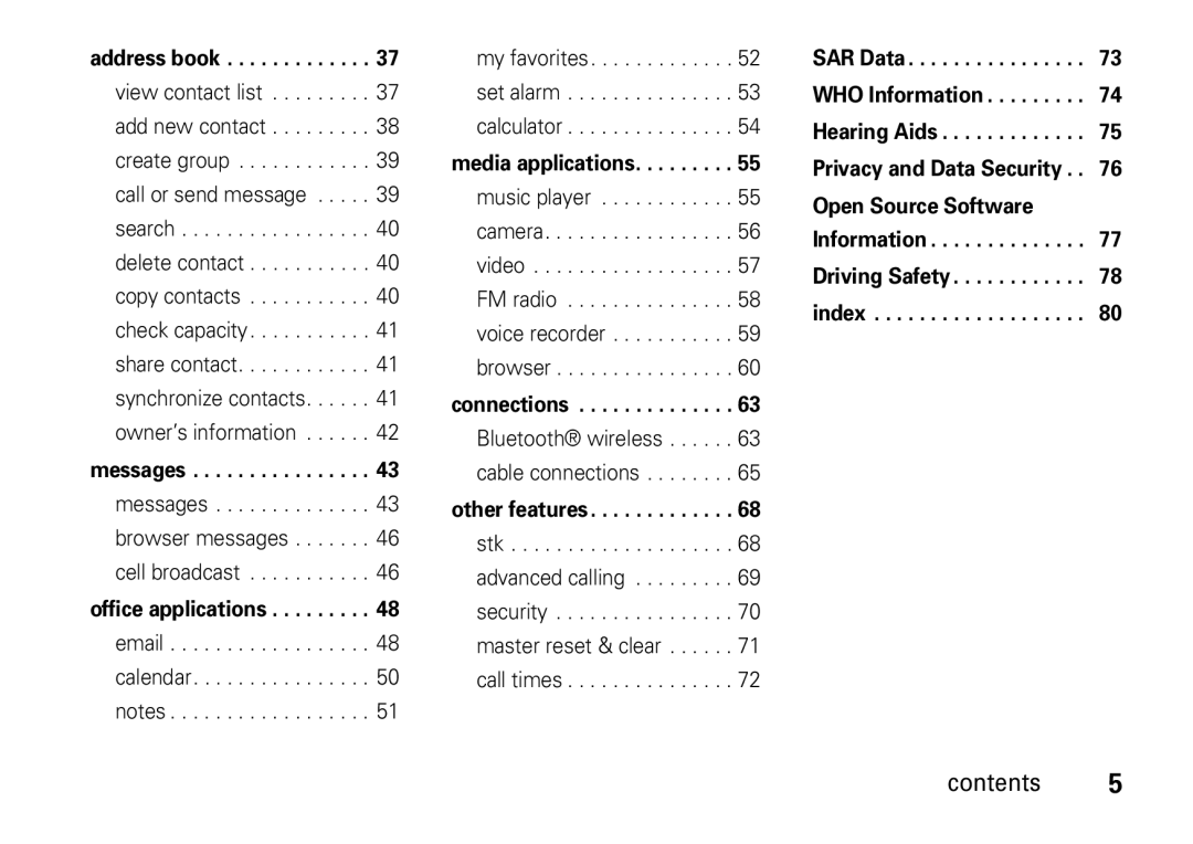 Motorola 6802937J48 manual Address book, Messages, Office applications, Media applications, Connections 