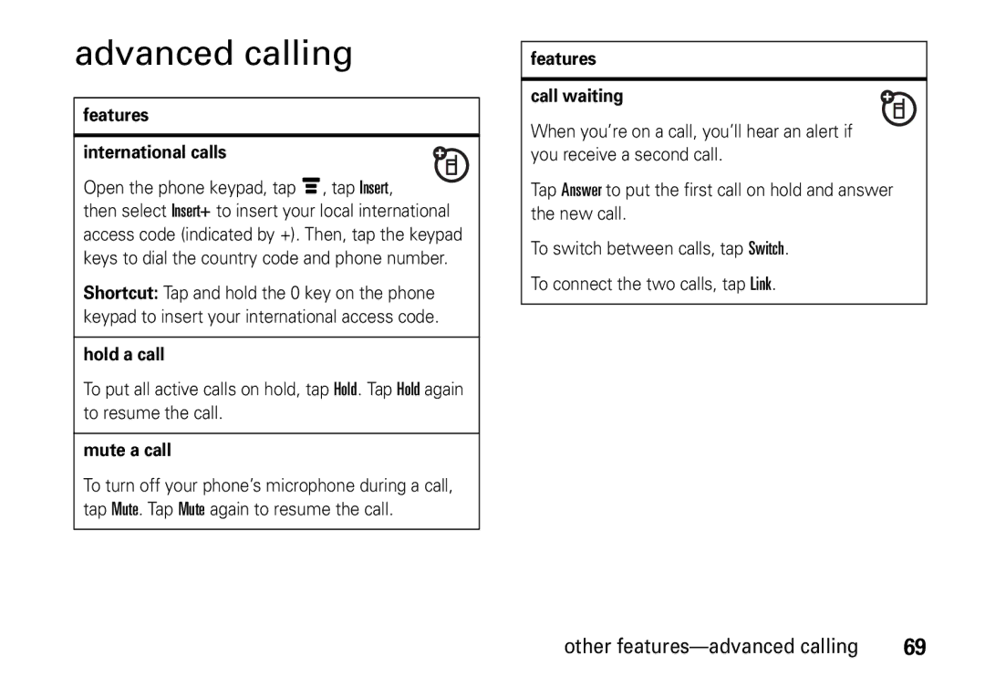 Motorola 6802937J48 manual Advanced calling, Other features-advanced calling 