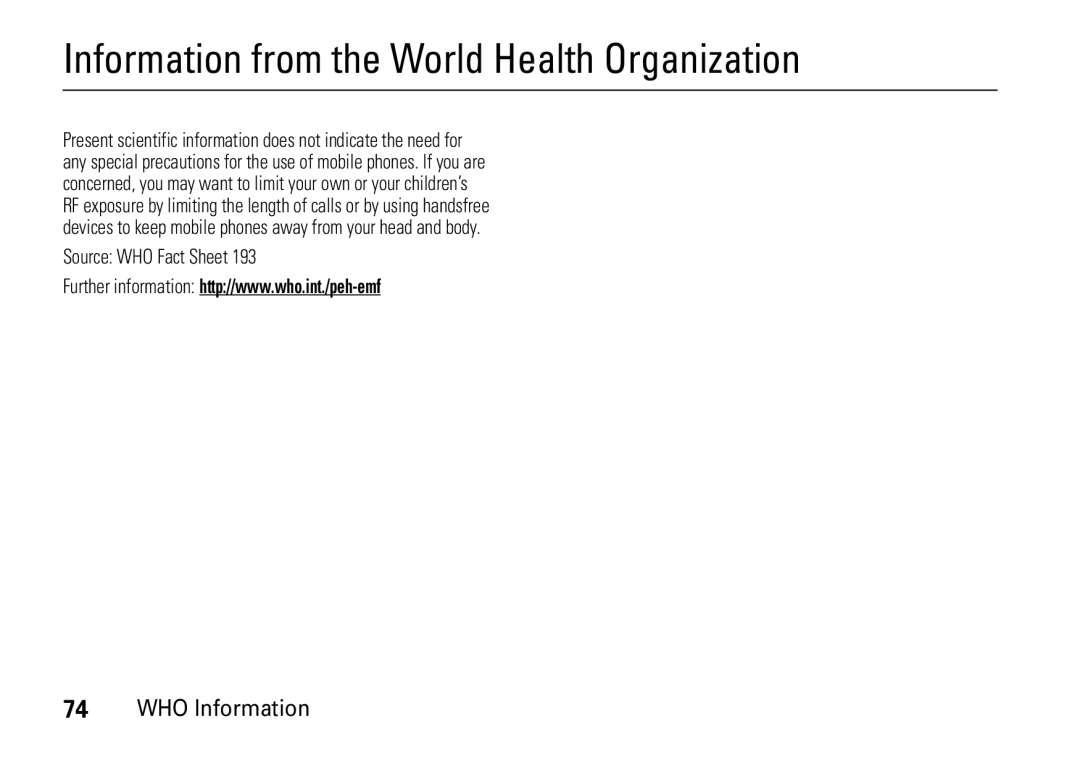 Motorola 6802937J48 manual Information from the World Health Organization, WHO Information, Source WHO Fact Sheet 