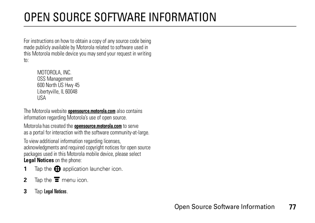 Motorola 6802937J48 manual Open Source Software Information, OSS Management North US Hwy Libertyville, IL 