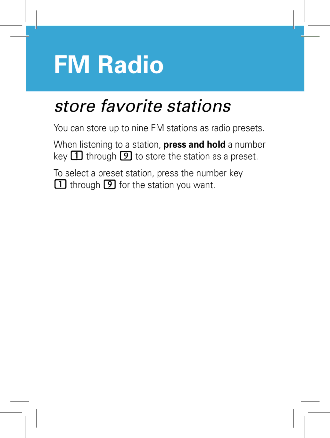 Motorola 6802938J65 manual Store favorite stations, You can store up to nine FM stations as radio presets 