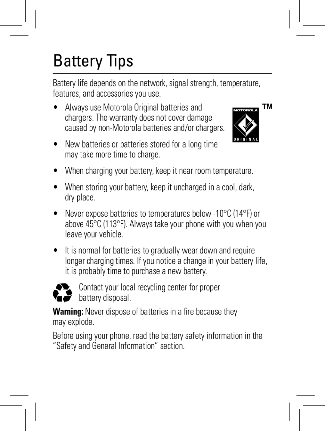 Motorola 6802938J65 manual Battery Tips 