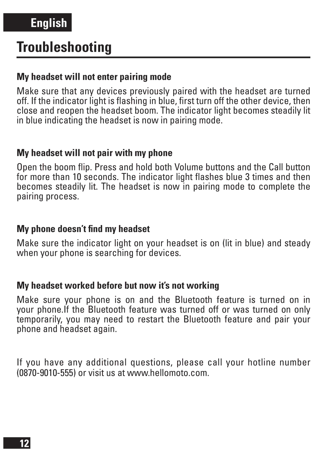 Motorola 6803578F33 manual Troubleshooting, My headset will not enter pairing mode, My headset will not pair with my phone 