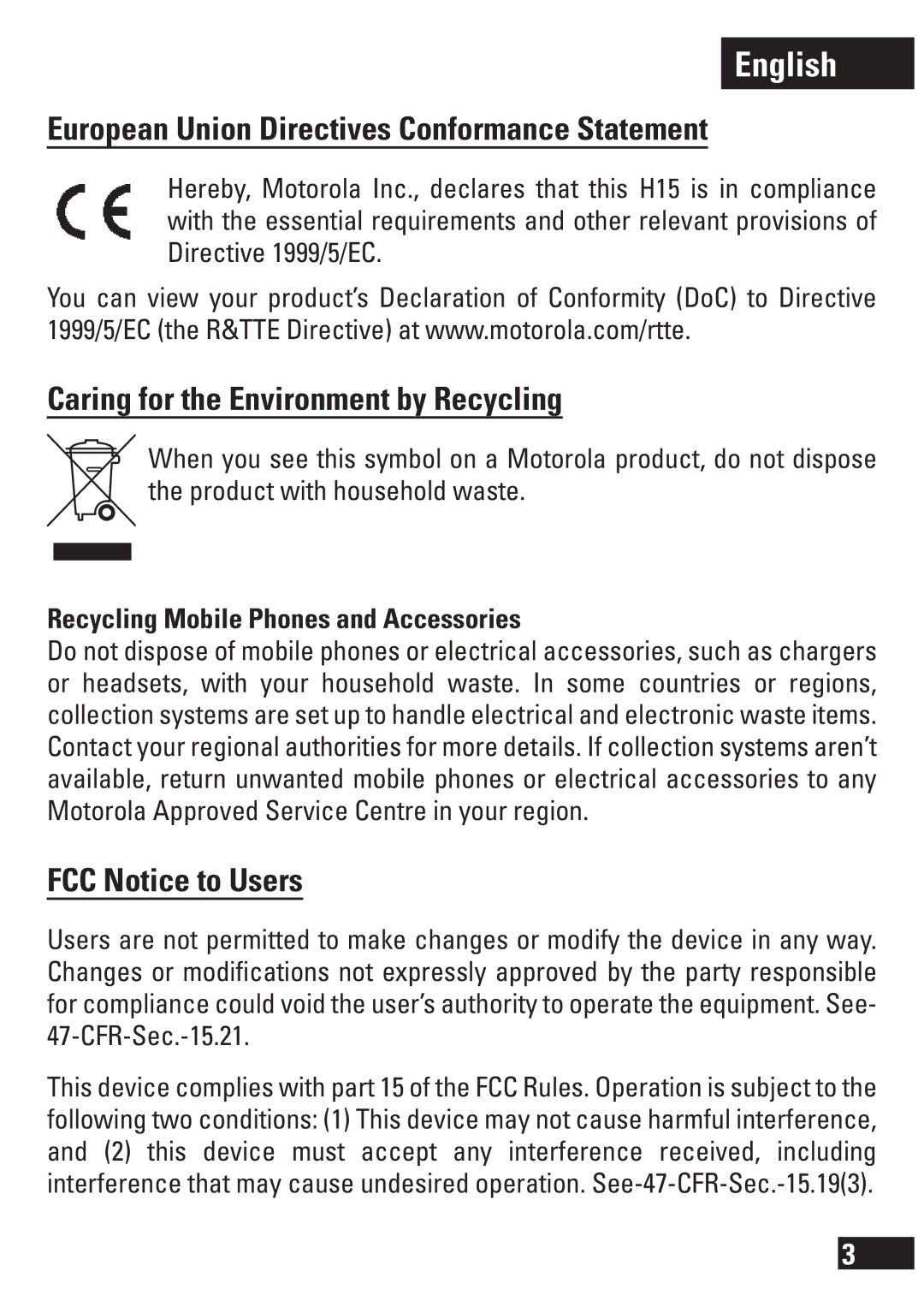 Motorola 6803578F33 manual European Union Directives Conformance Statement, Caring for the Environment by Recycling 