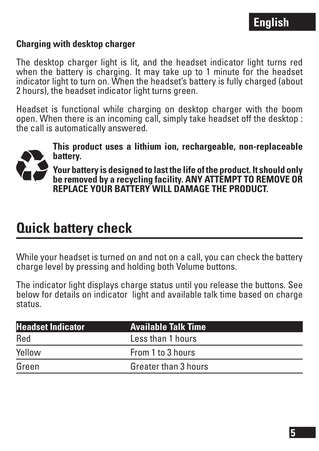 Motorola 6803578F33 manual Quick battery check, Charging with desktop charger, Headset Indicator Available Talk Time 