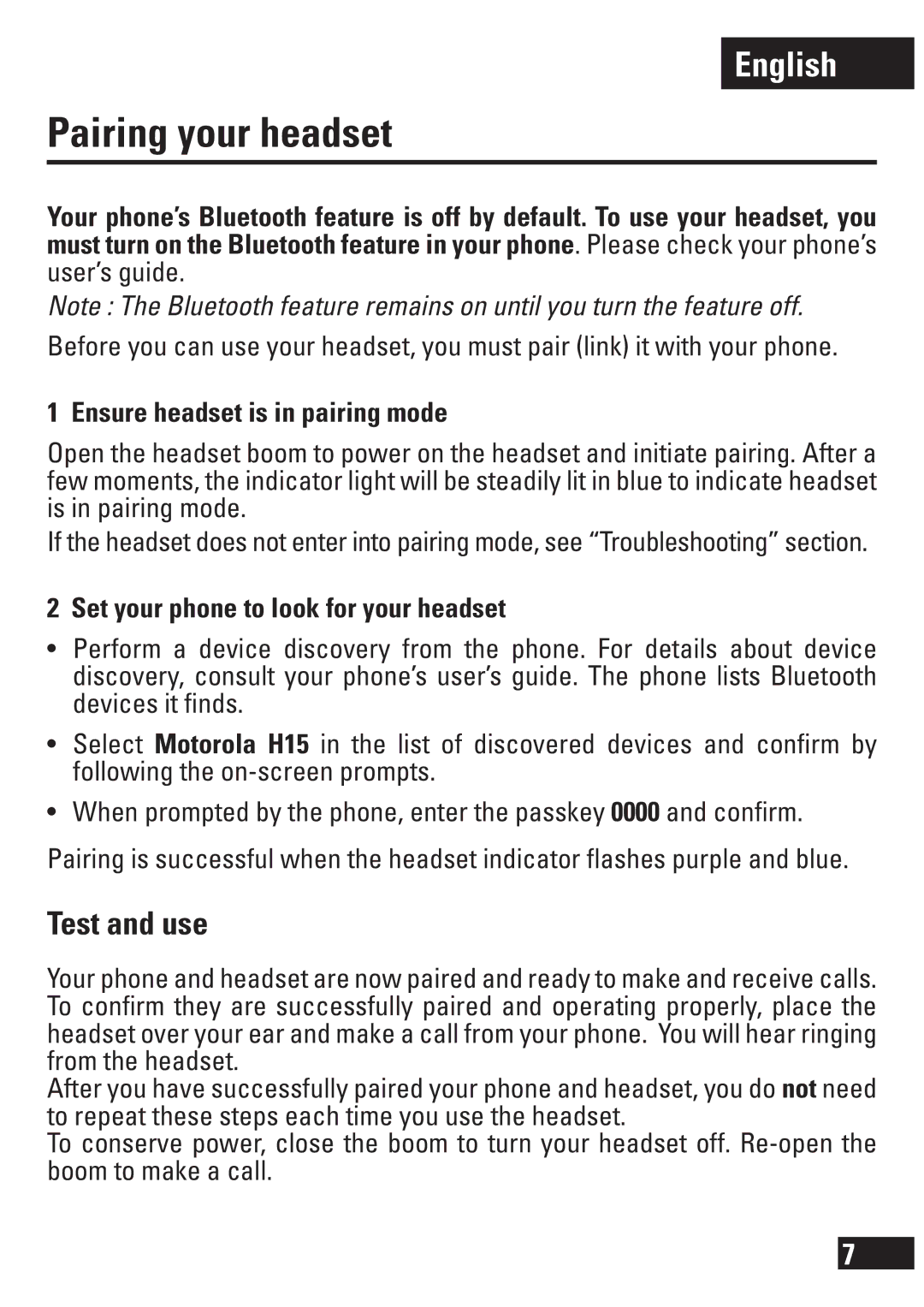 Motorola 6803578F33 manual Pairing your headset, Test and use, Ensure headset is in pairing mode 