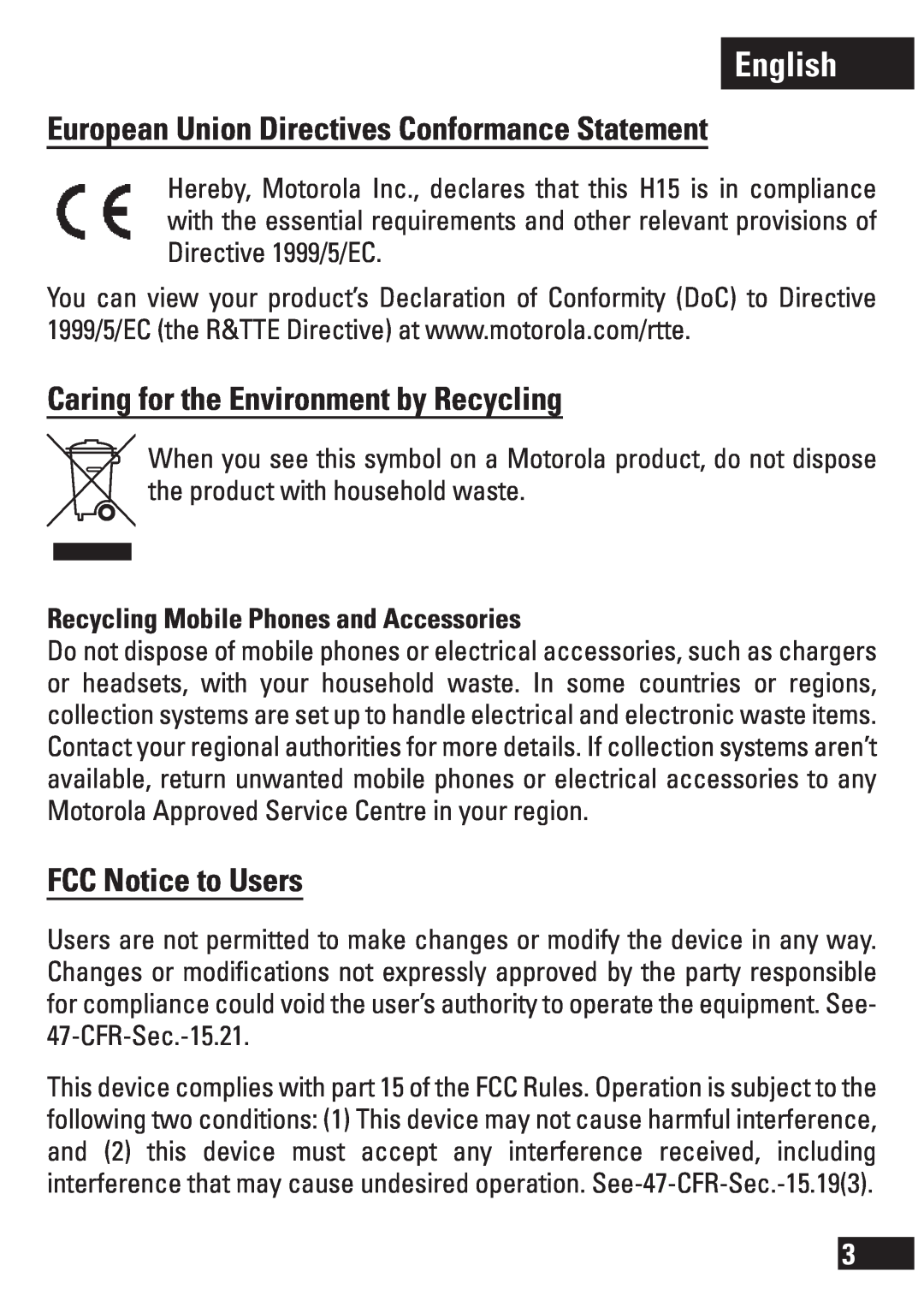 Motorola 6803578F33 English, European Union Directives Conformance Statement, Caring for the Environment by Recycling 