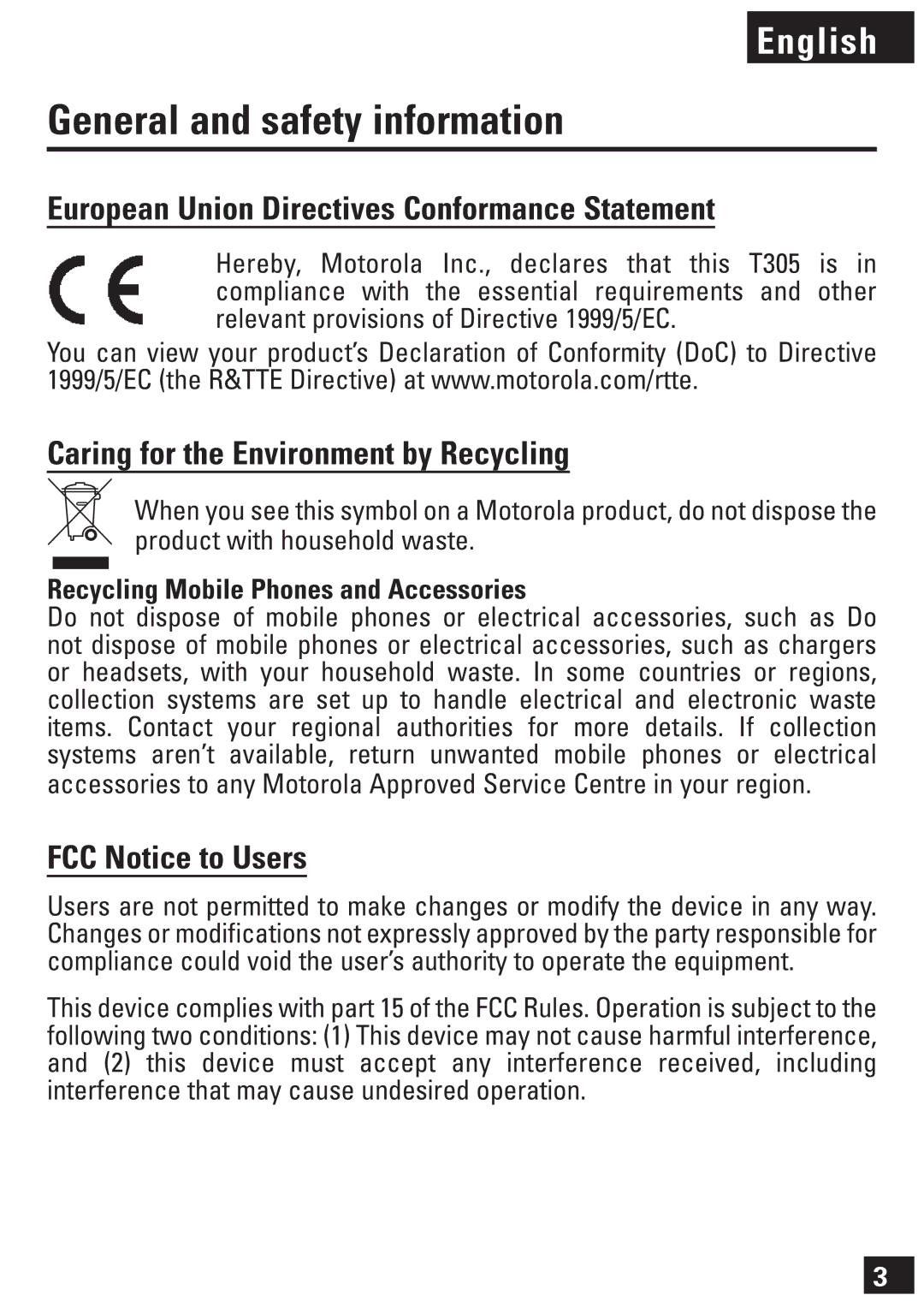 Motorola 6803578F42 General and safety information, European Union Directives Conformance Statement, FCC Notice to Users 