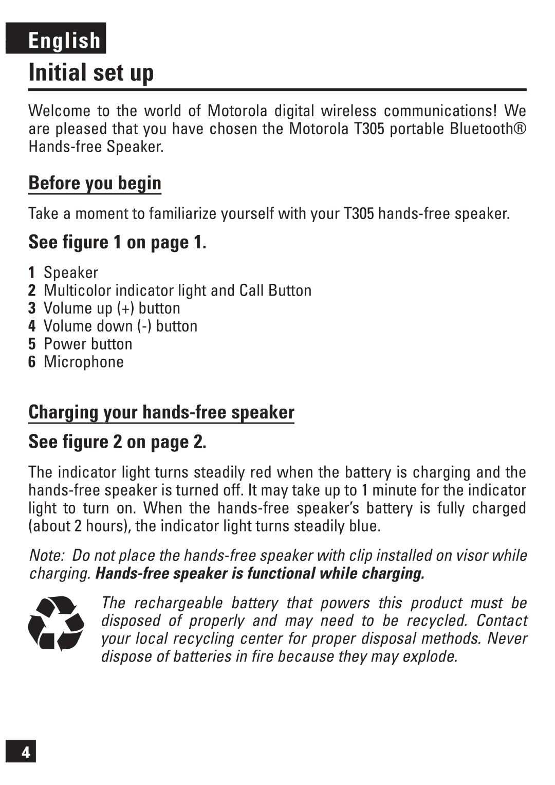 Motorola 6803578F42 manual Initial set up, Before you begin, Charging your hands-free speaker See on 