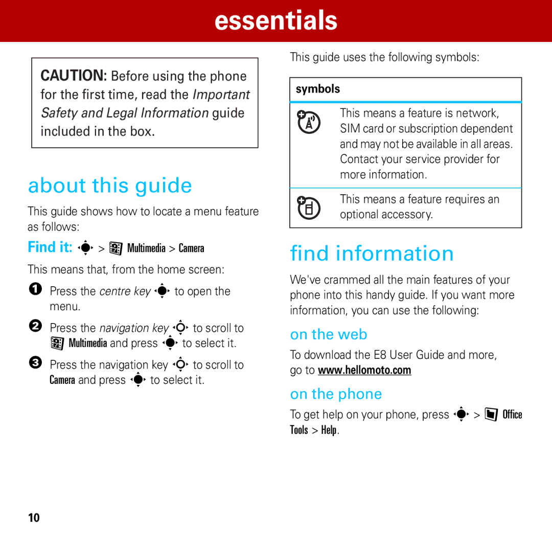 Motorola 6803632F58 quick start Essentials, About this guide, Find information, On the web On the phone, Symbols 