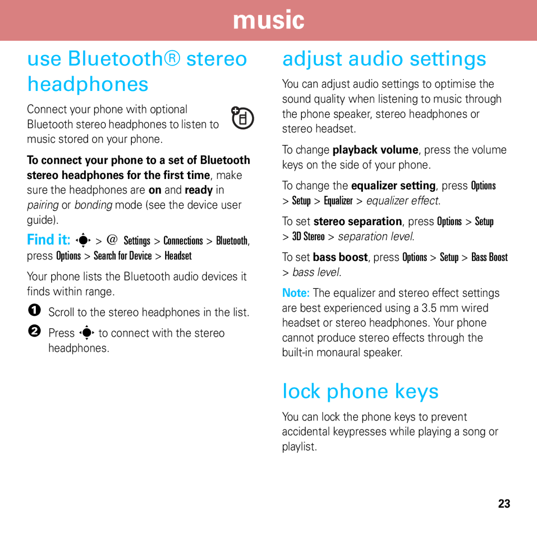 Motorola 6803632F58 quick start Use Bluetooth stereo headphones, Adjust audio settings, Lock phone keys 