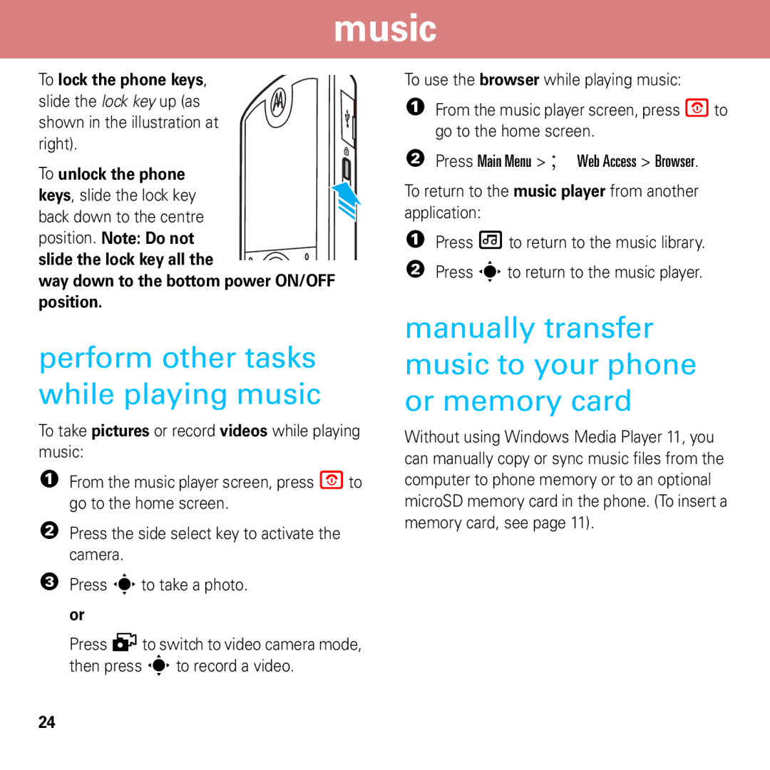 Motorola 6803632F58 Perform other tasks while playing music, Manually transfer music to your phone or memory card 