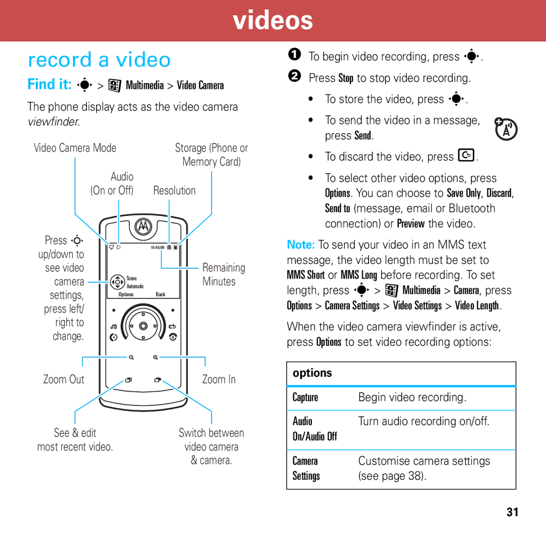 Motorola 6803632F58 quick start Videos, Record a video 