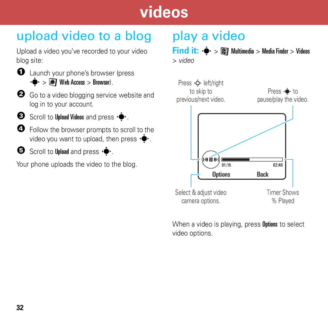 Motorola 6803632F58 Upload video to a blog, Play a video, Upload a video you’ve recorded to your video blog site 