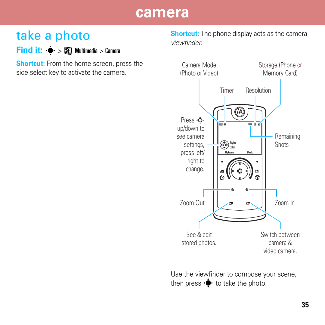 Motorola 6803632F58 quick start Camera, Take a photo, Shots 