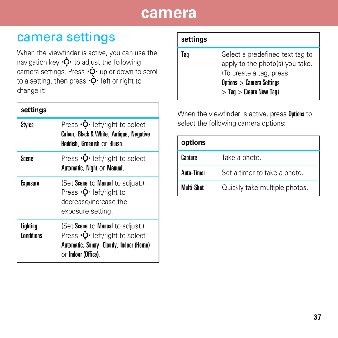 Motorola 6803632F58 quick start Camera settings, Settings 