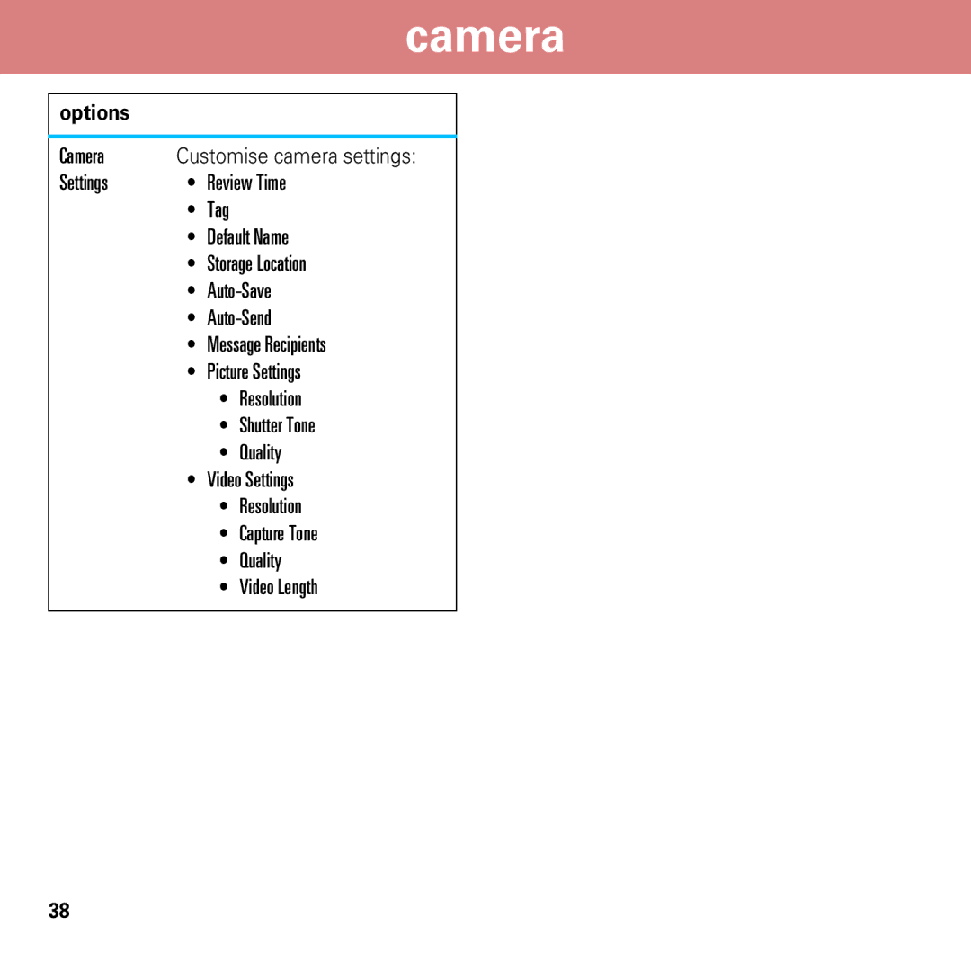 Motorola 6803632F58 quick start Camera Customise camera settings Settings Review Time 