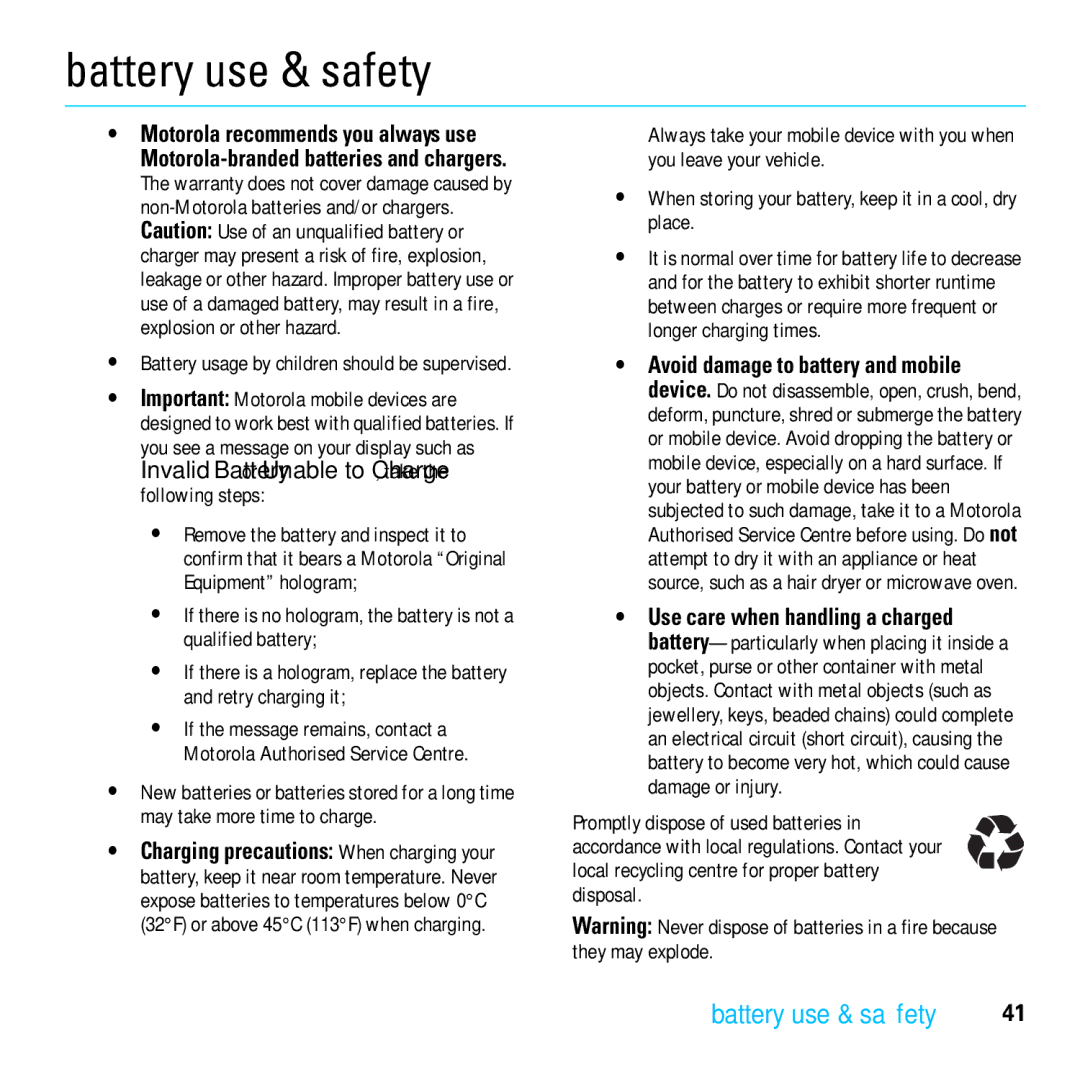 Motorola 6803632F58 quick start Battery use & safety, When storing your battery, keep it in a cool, dry place 